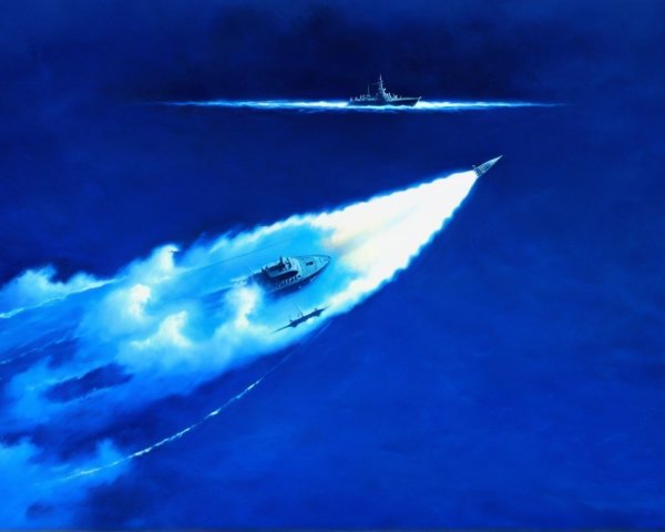 Deep Blue Ocean Scene with Boat and Naval Ship