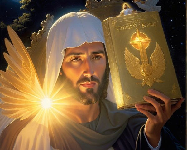 Ethereal Figure with Illuminated Book in Celestial Scene
