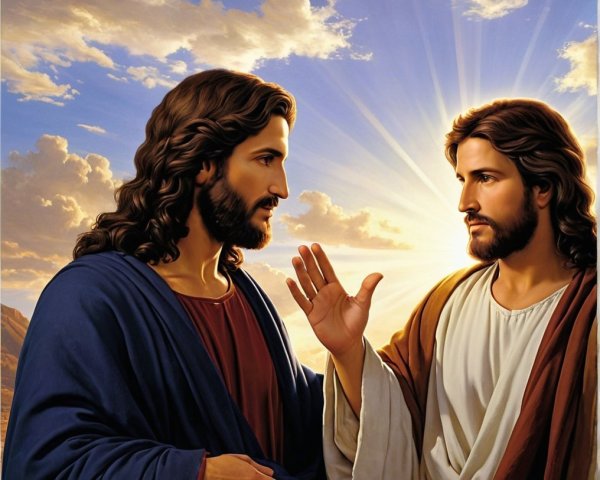 Figures in Robes in Serene Sunrise Landscape