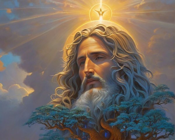 Majestic tree with serene figure and radiant light