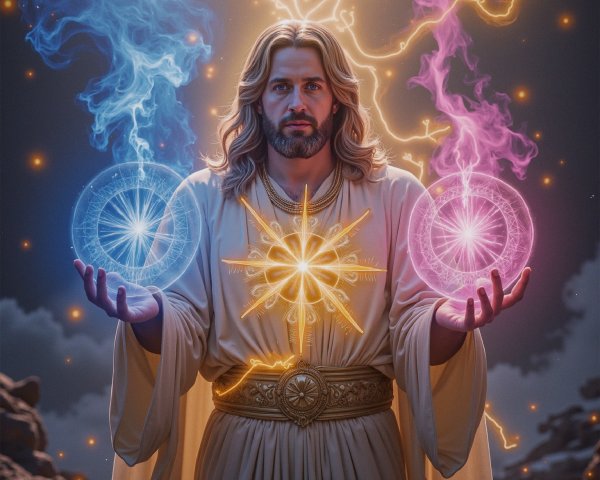 Majestic figure in white robe with glowing energy orbs