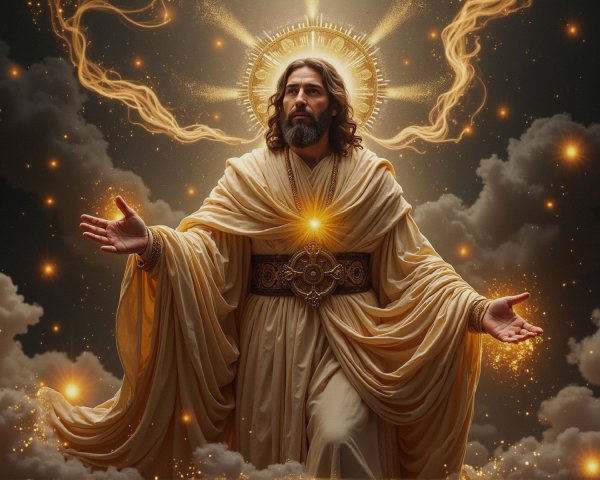Majestic figure in flowing robes surrounded by light