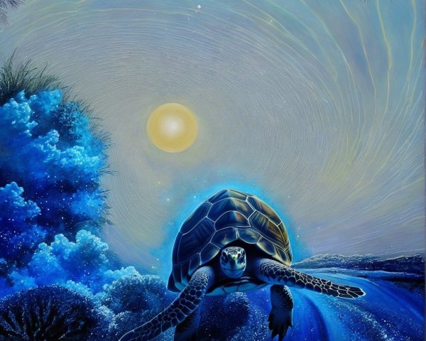 Stylized Turtle in Tranquil Blue Landscape Scene
