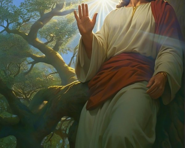 Jesus Seated Among Lush Branches in Divine Light