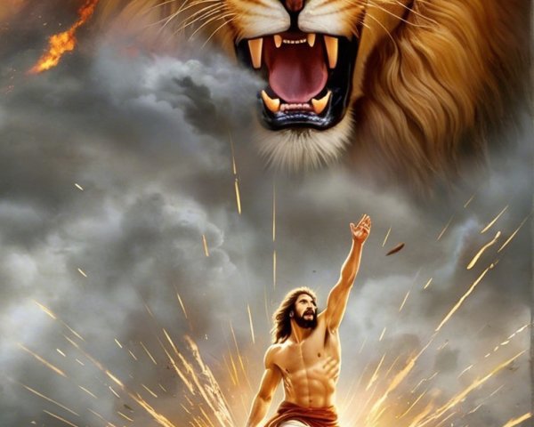 Dramatic scene of a powerful figure on a rocky peak