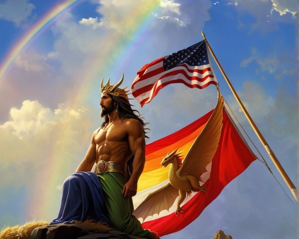 Muscular Man with Flags and Rainbow in Serene Sky