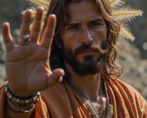 Man in Orange Robe with Halo and Jewelry