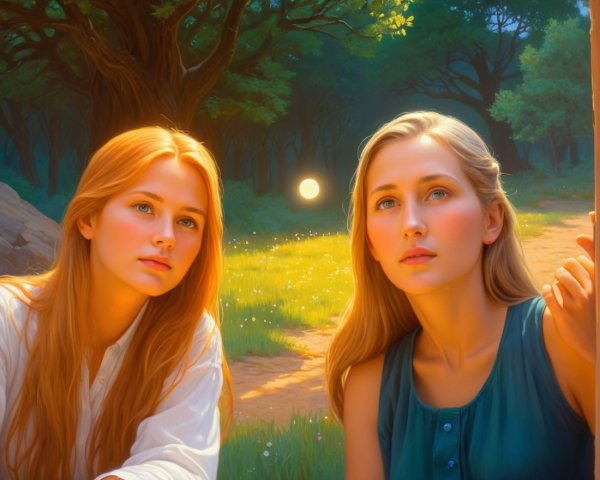Young women in a serene forest at sunset