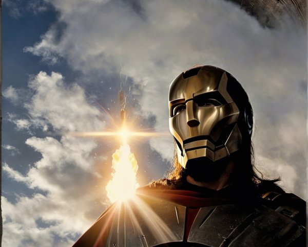 Heroic figure in golden mask against dramatic sky