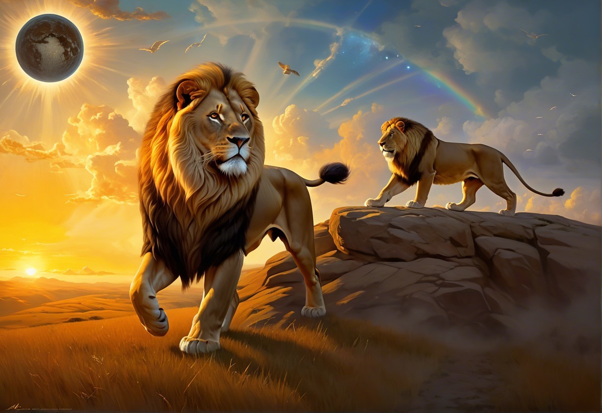 Lions on Rocky Outcrop at Sunset with Rainbow