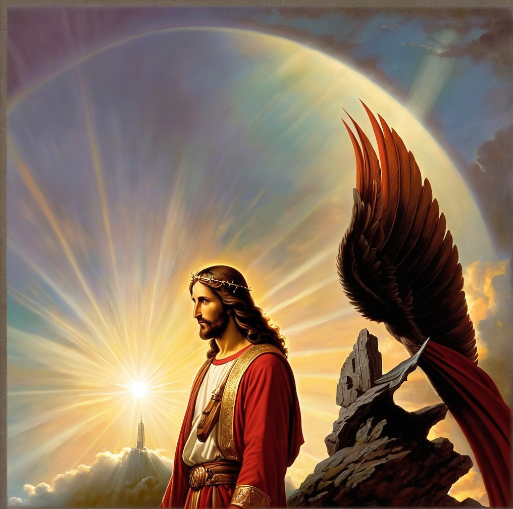 Divine Figure and Angel Against Vibrant Sky