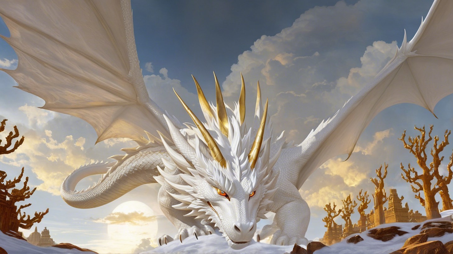 Majestic White Dragon in Arctic Landscape Scene