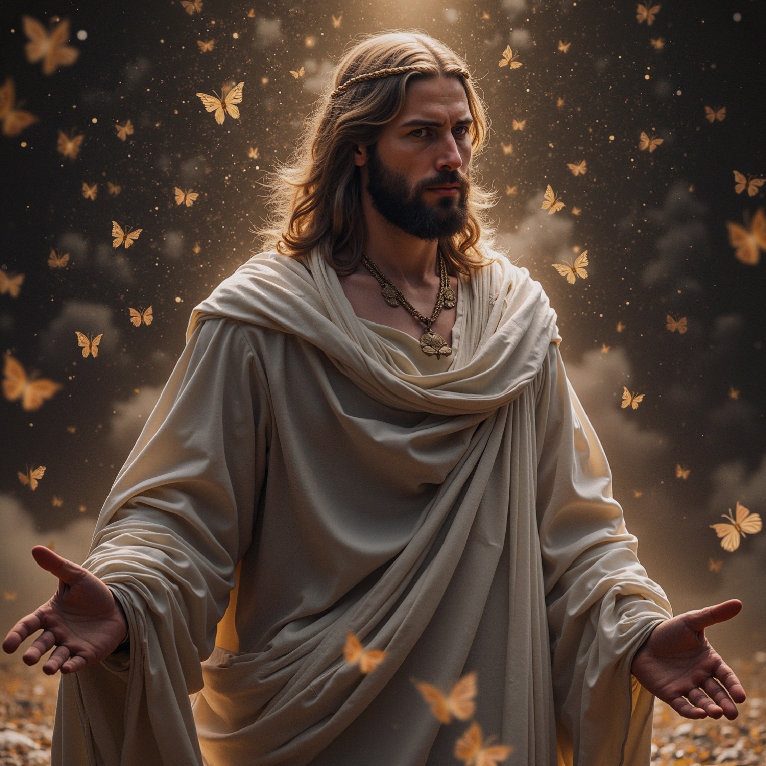 Serene figure in pale robes surrounded by butterflies