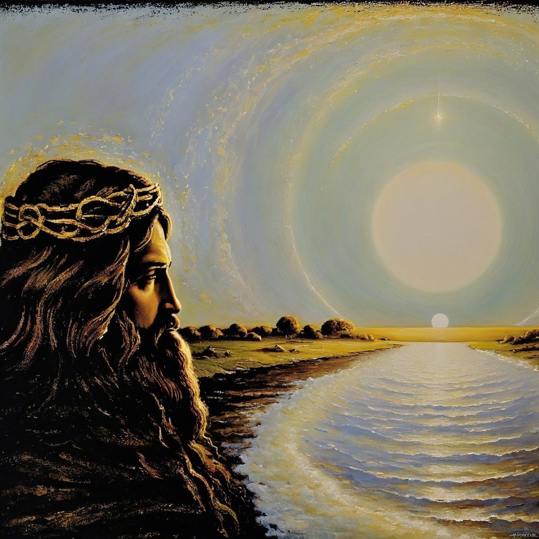 Large-scale depiction of Jesus with a surreal landscape
