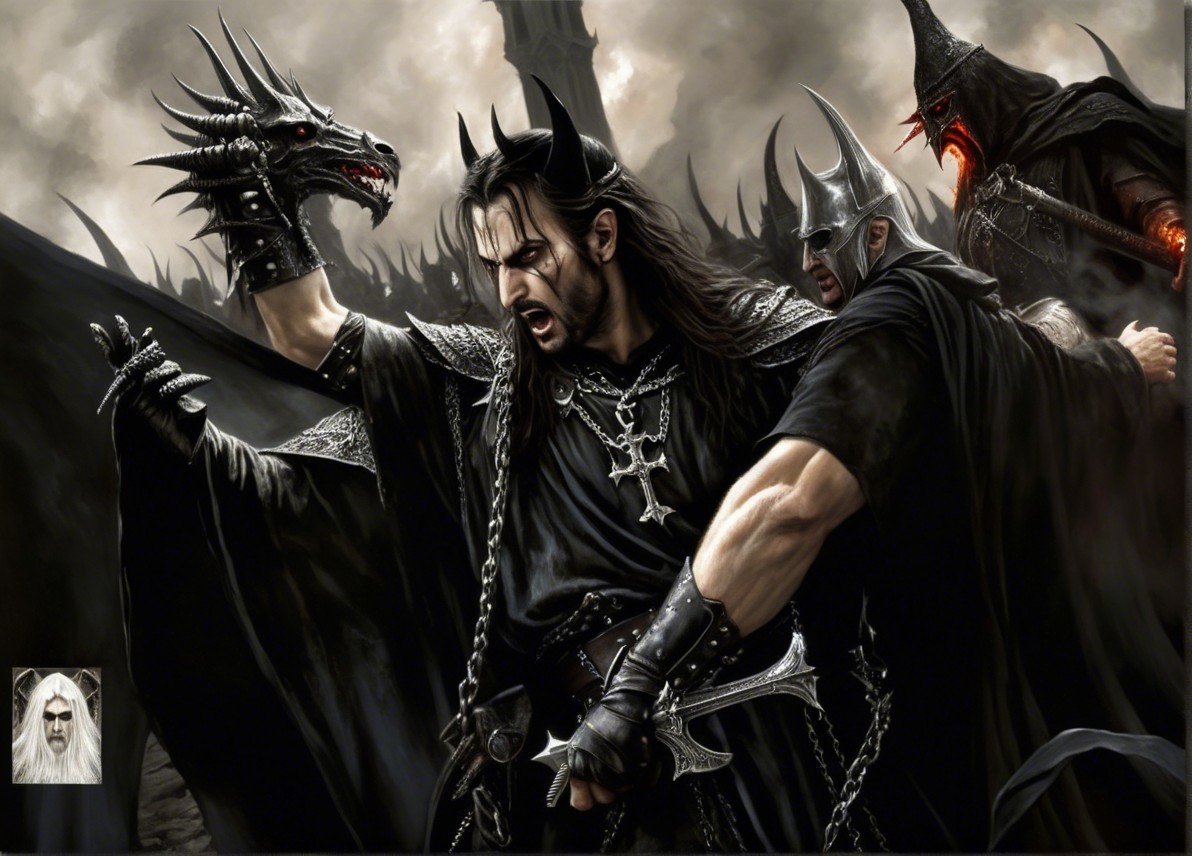 Dark Fantasy Scene with Warrior in Black Armor