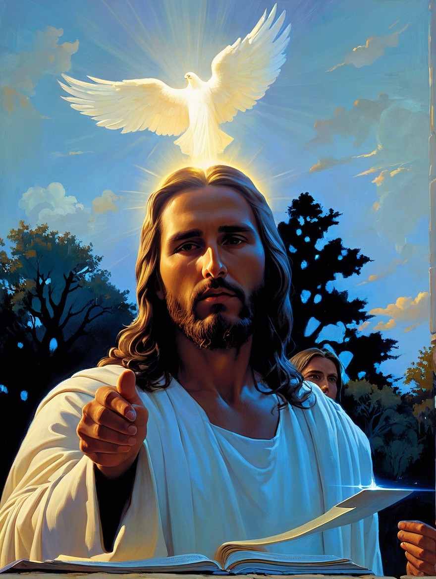 Serene depiction of a powerful figure with a dove