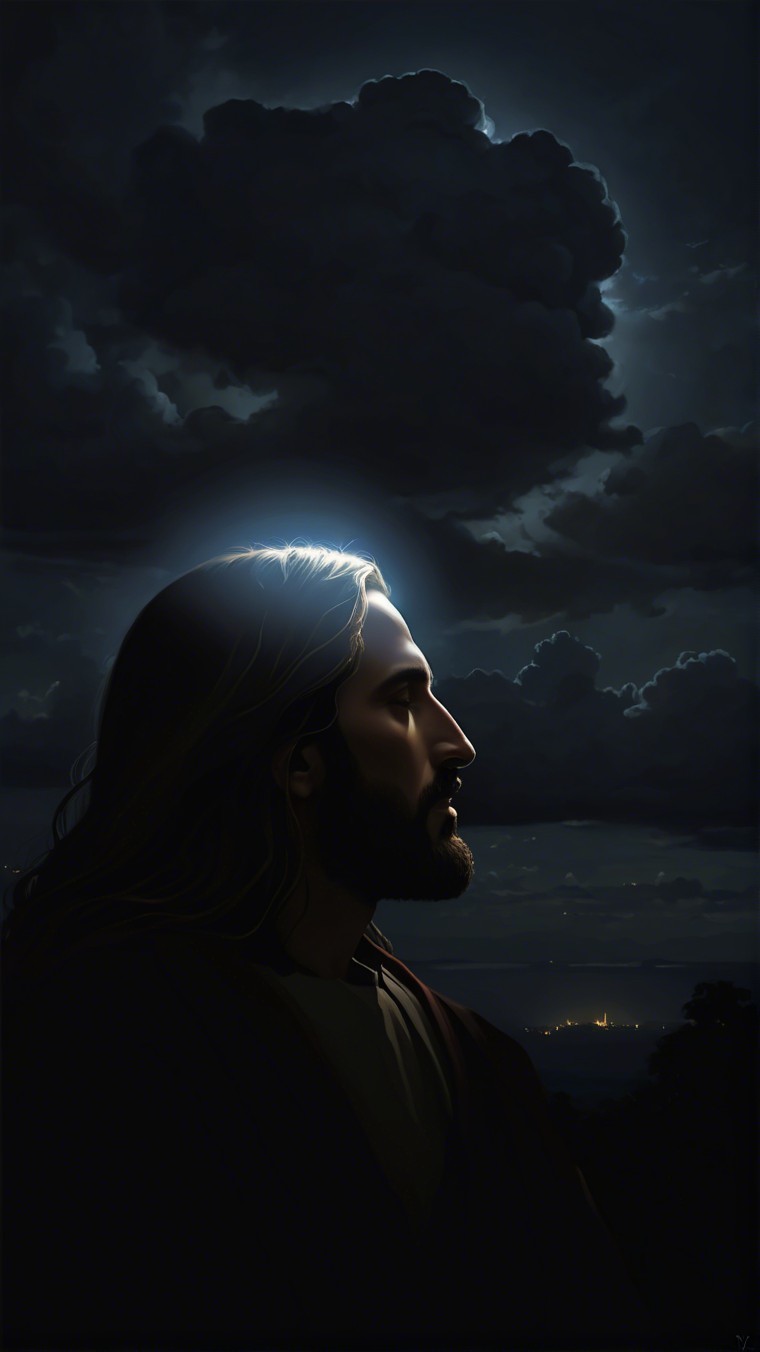 Profile of a Serene Figure with Halo and Dark Clouds