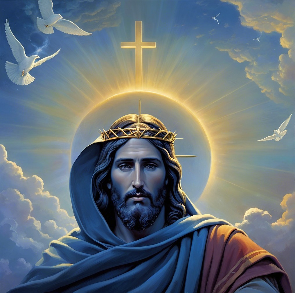 Jesus Christ Figure with Crown and Doves in Clouds