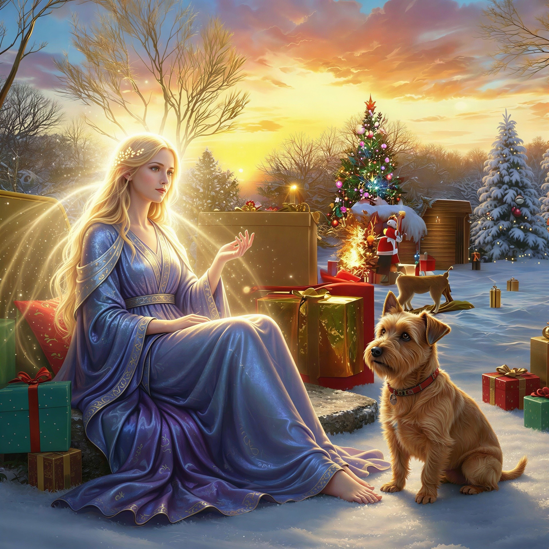 Blonde Woman in Blue Gown with Dog in Snowy Setting