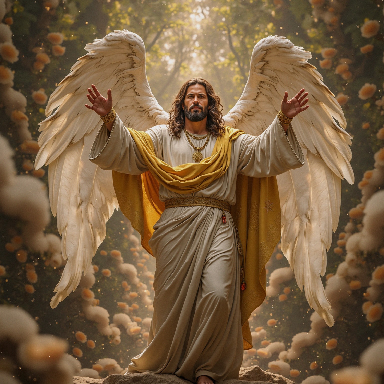 Majestic Figure with Wings in Ethereal Setting