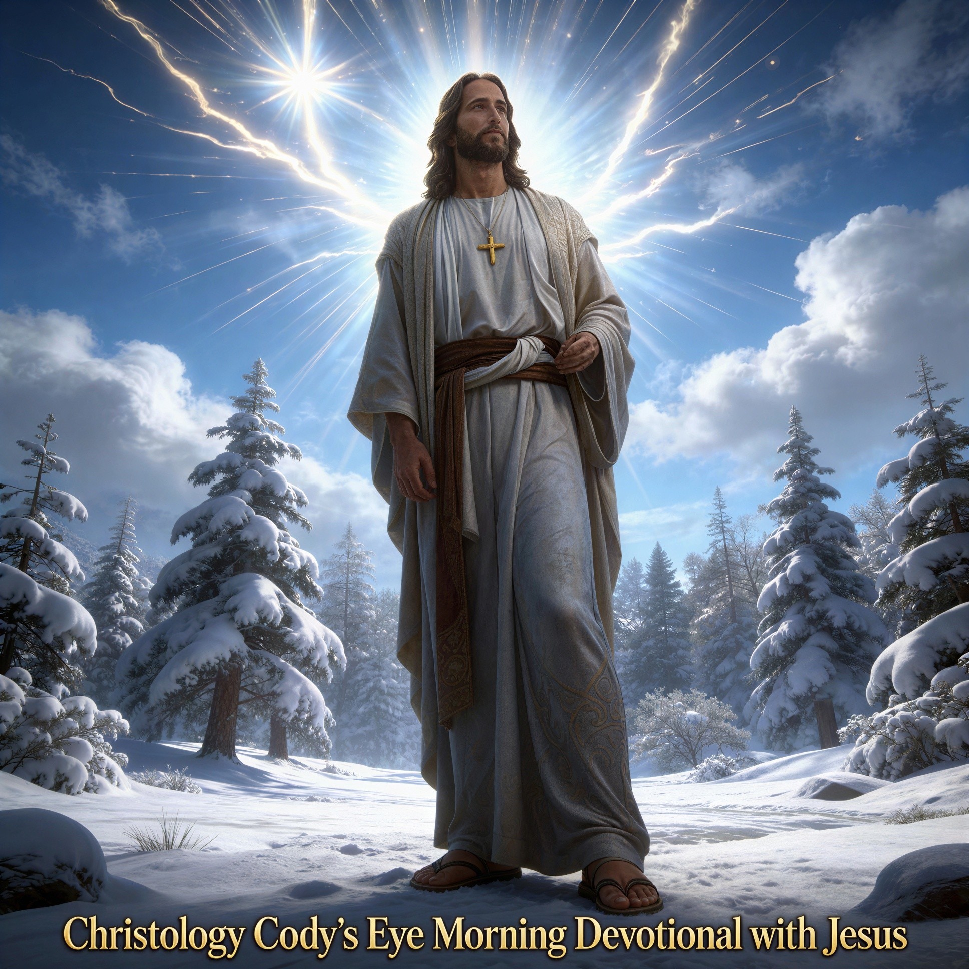 Majestic depiction of Jesus Christ in a snowy forest