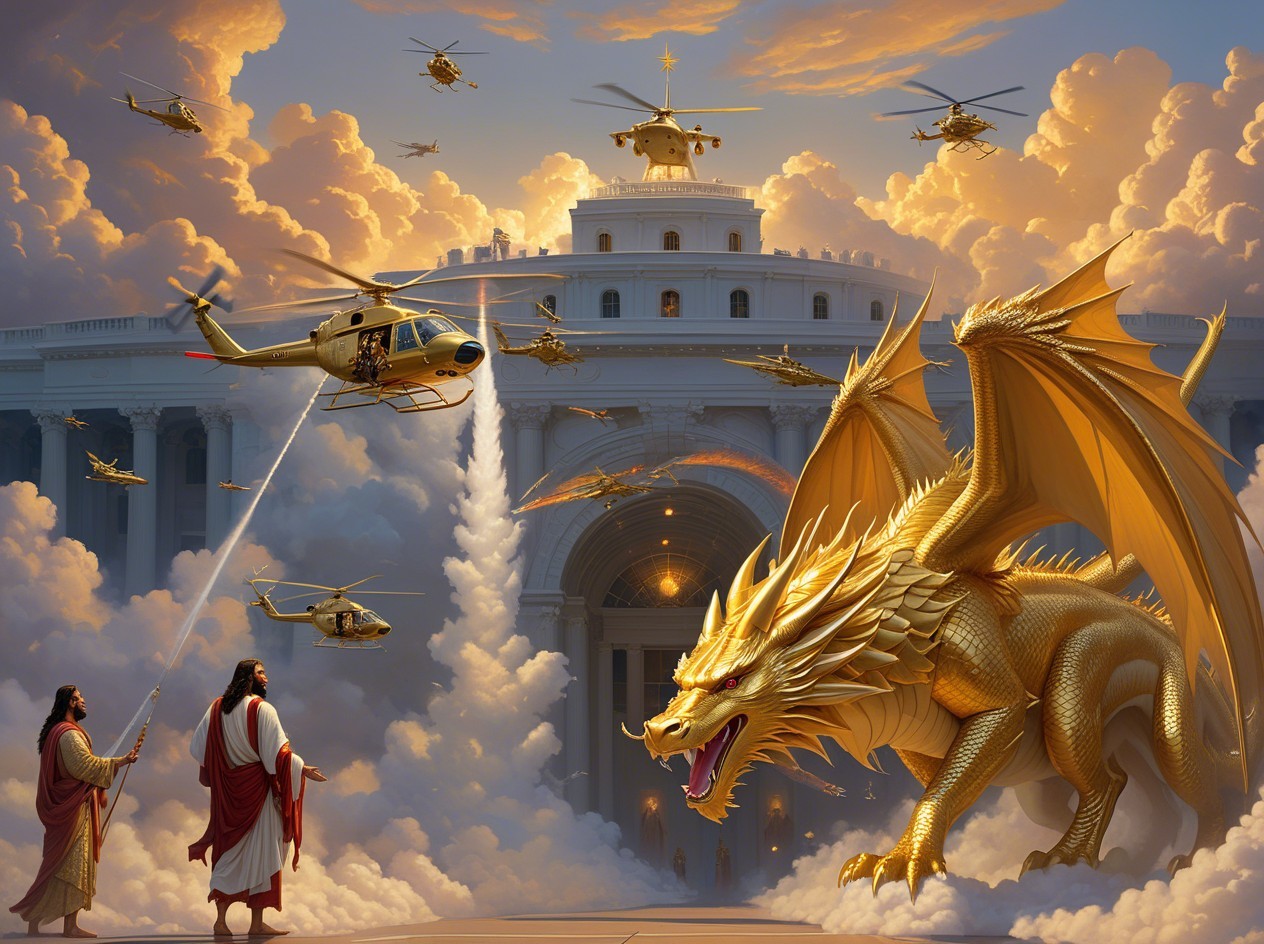 Two figures resembling Jesus Christ with helicopters and clouds