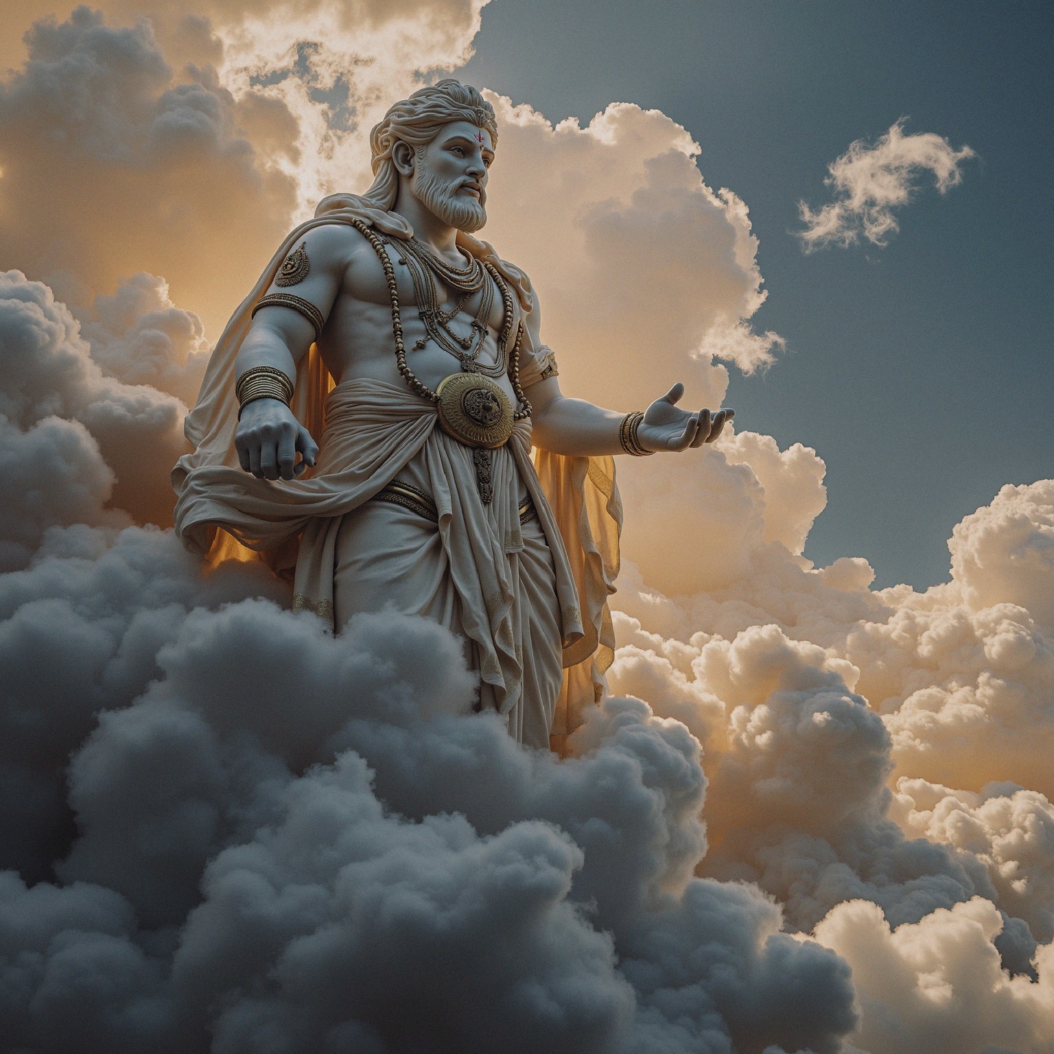 Statue of a Deity Above Clouds with Golden Light