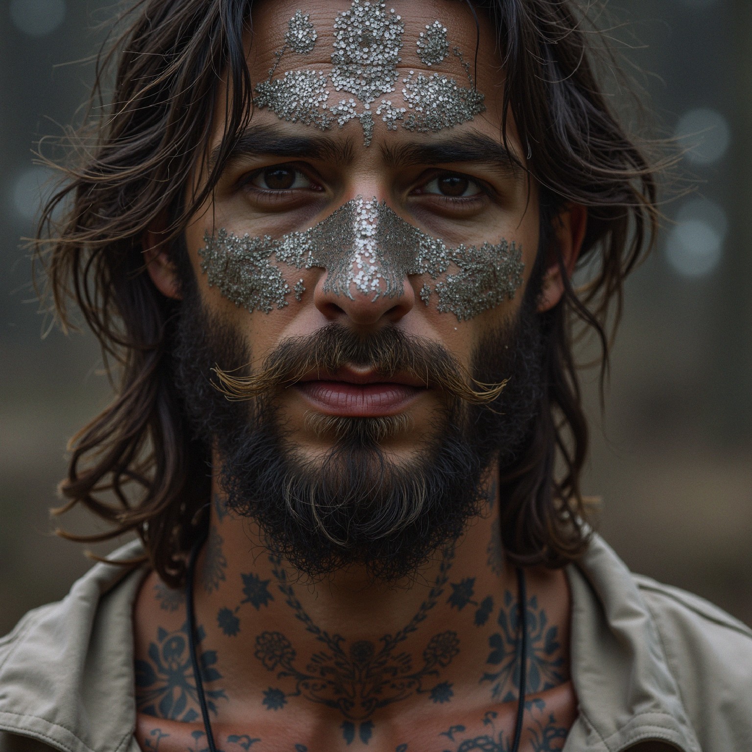 Man with Long Hair and Intricate Tattoos in Nature