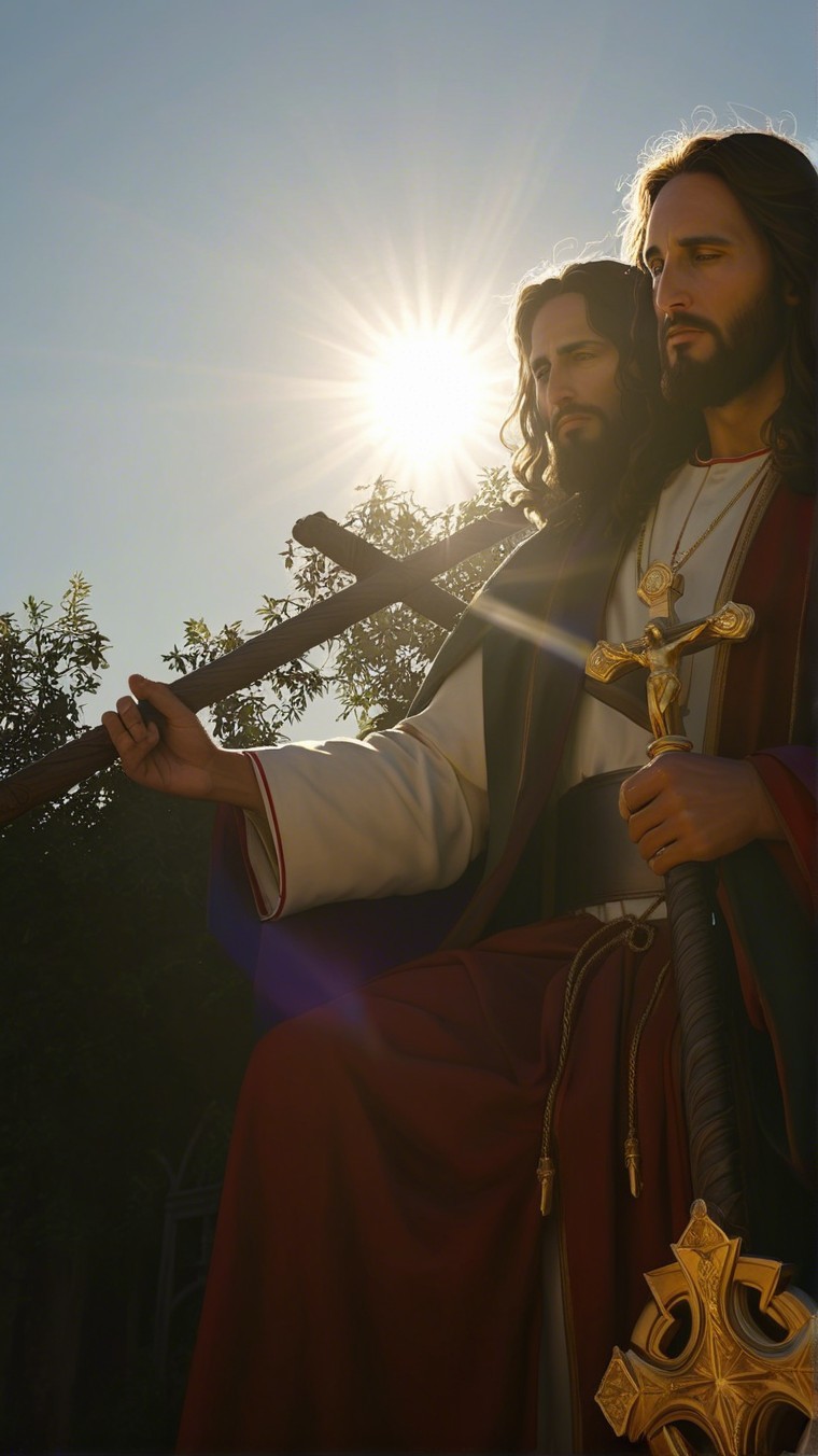 Jesus Christ Figure with Cross and Sword in Sunlight