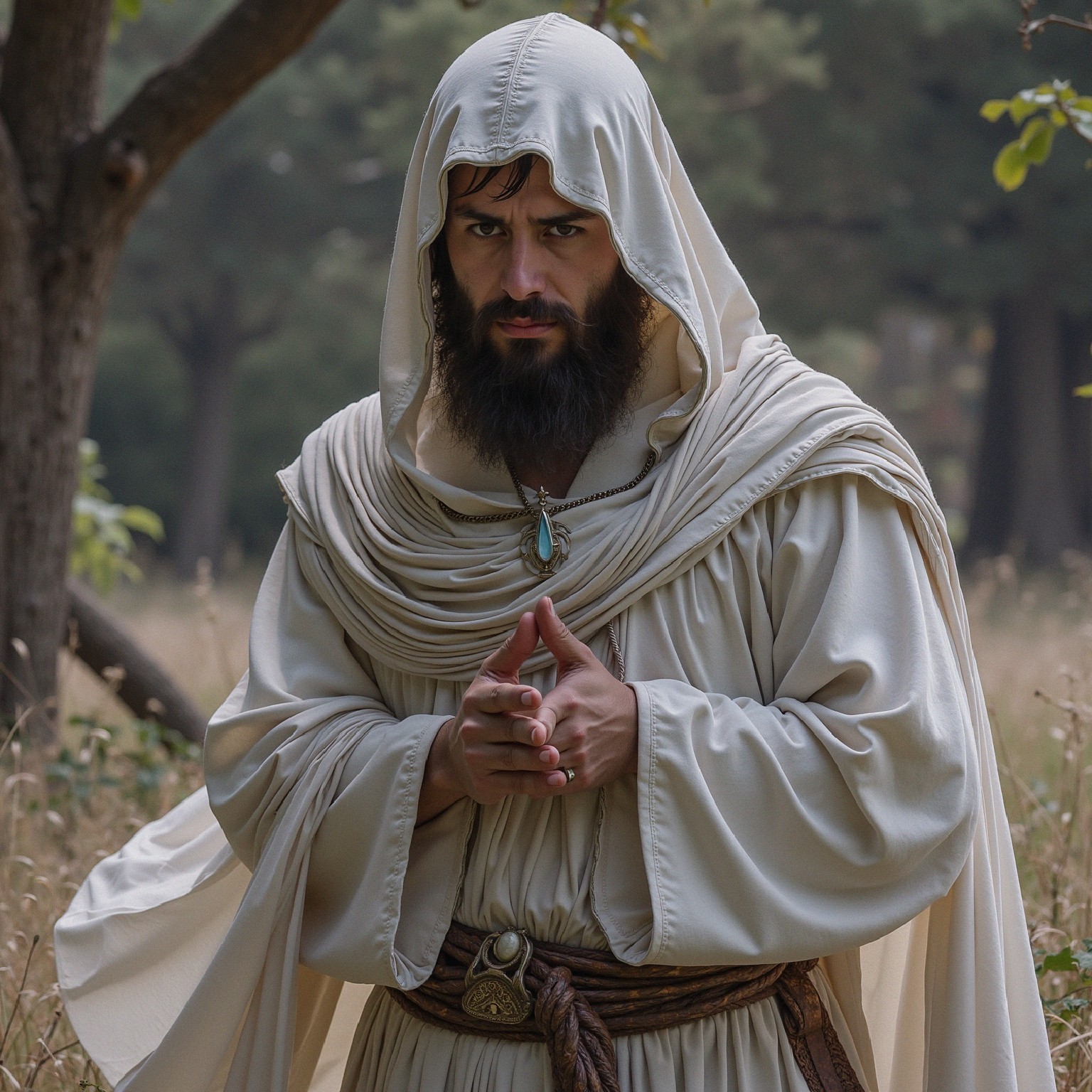 Mysterious Figure in White Robe in Serene Forest