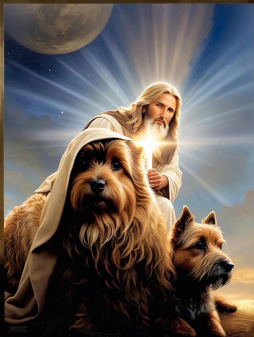Serene scene with spiritual figure and fluffy dogs