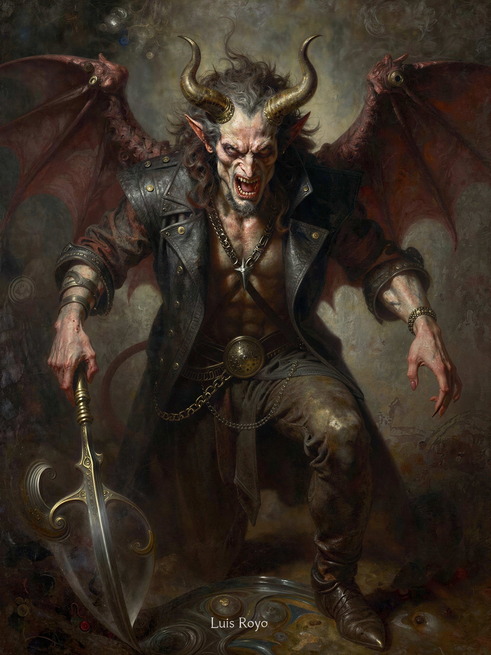 Pale-Skinned Demon with Golden Horns and Sword