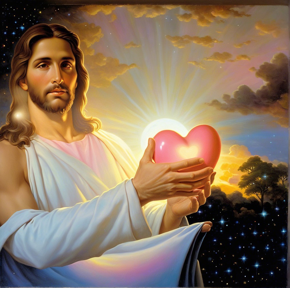 Serene figure holding glowing heart in tranquil landscape