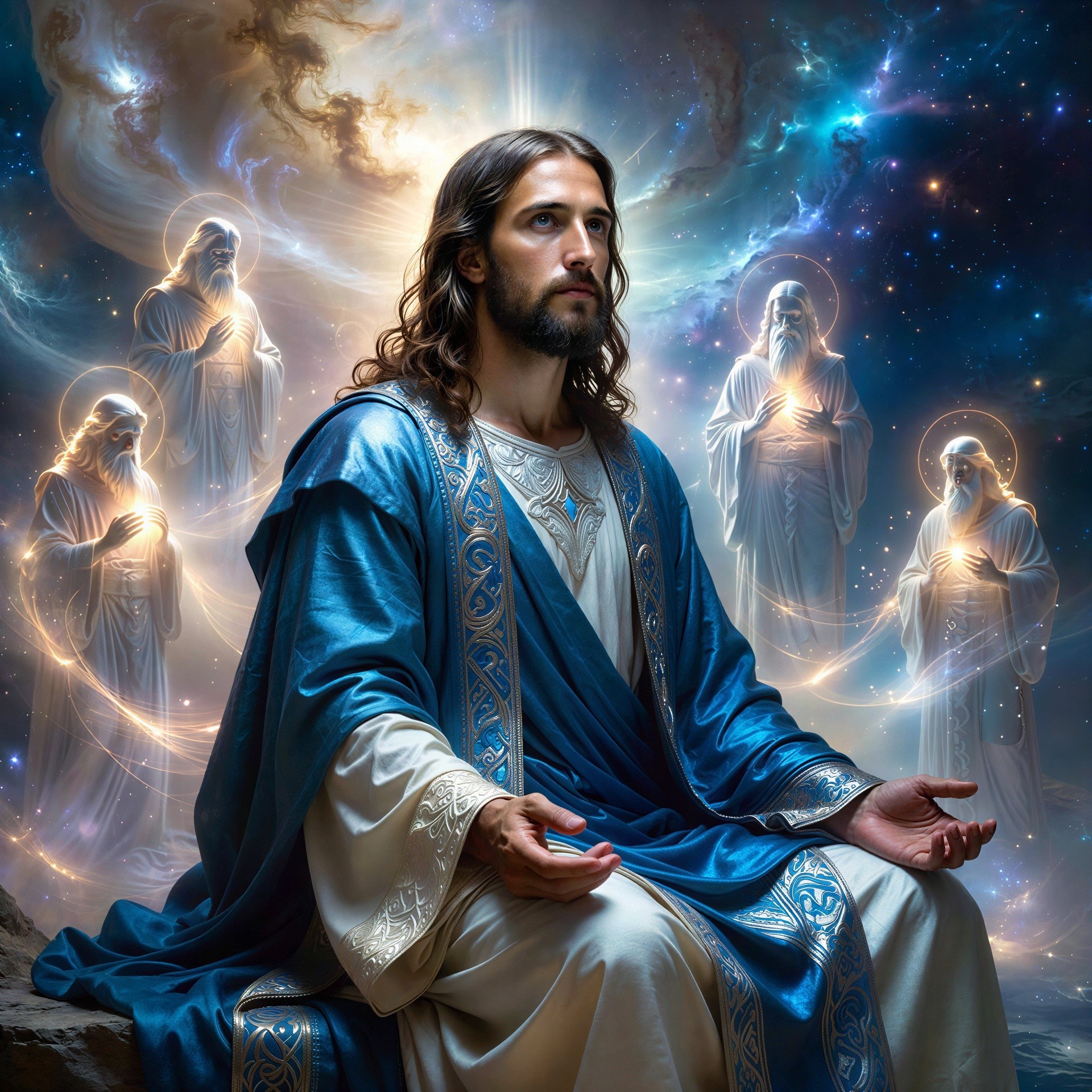 Jesus Christ in Royal Blue Robe Surrounded by Ancient Figures