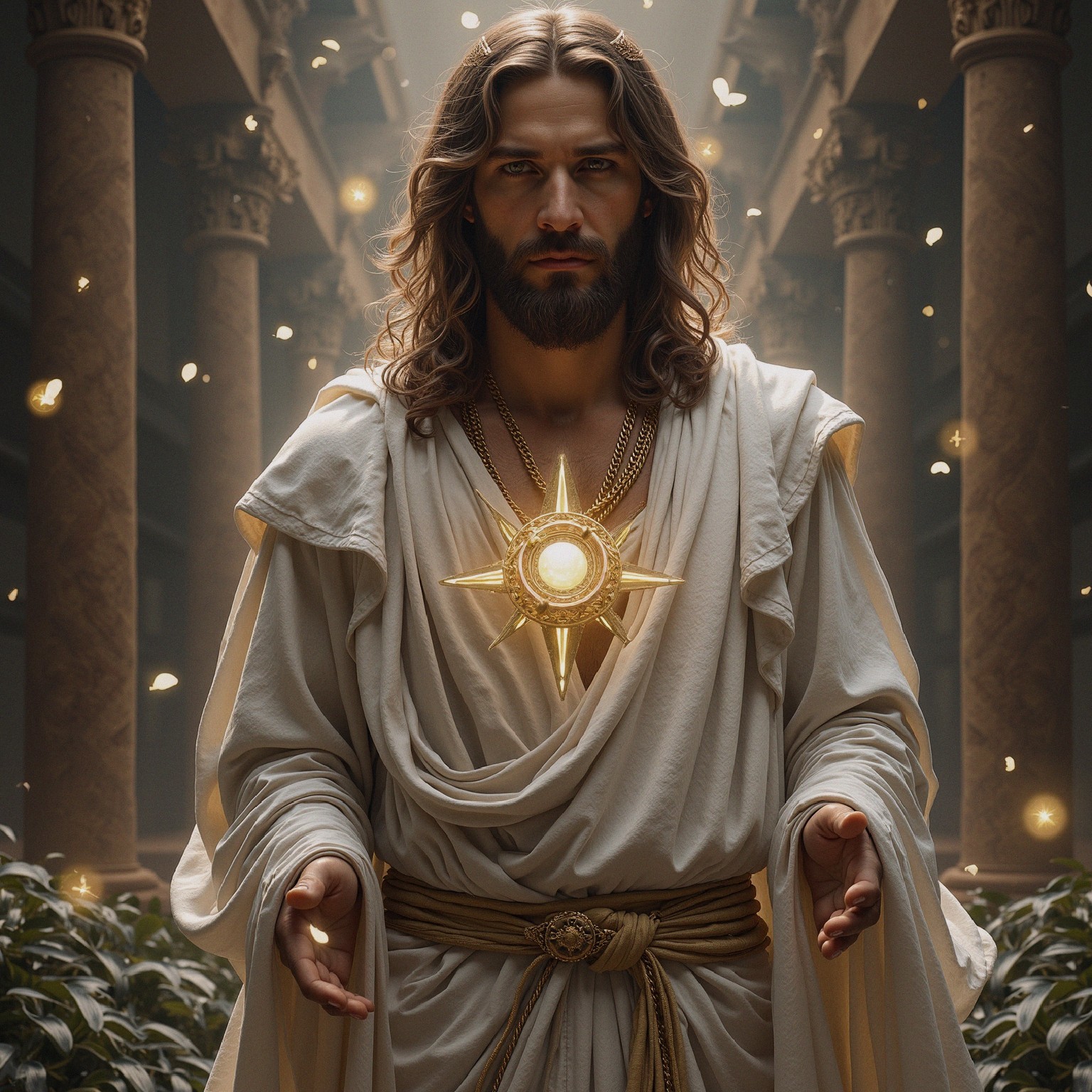 Majestic figure in white robes with radiant sun symbol