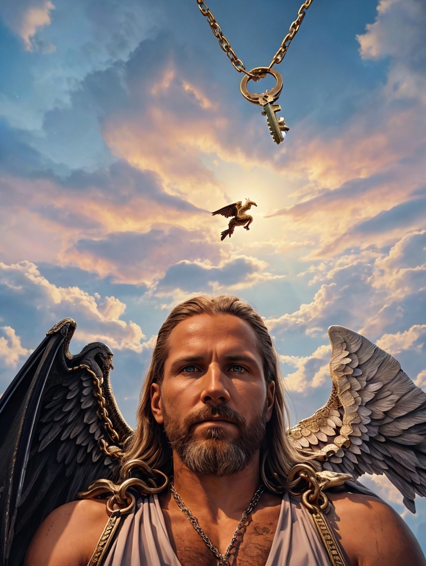 Majestic figure with wings and golden key in sky