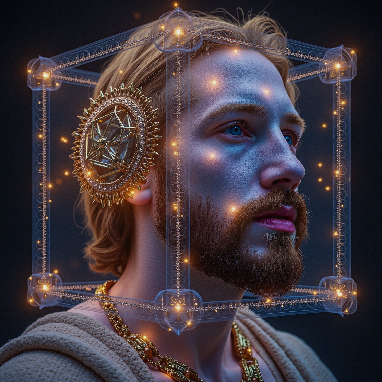 Young man with beard and geometric headpiece illuminated