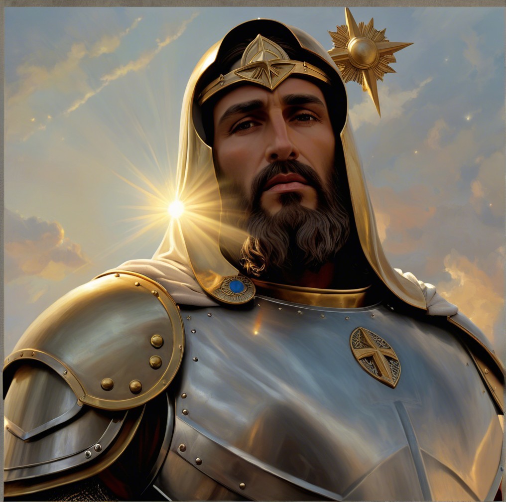 Noble figure in silver armor with celestial background