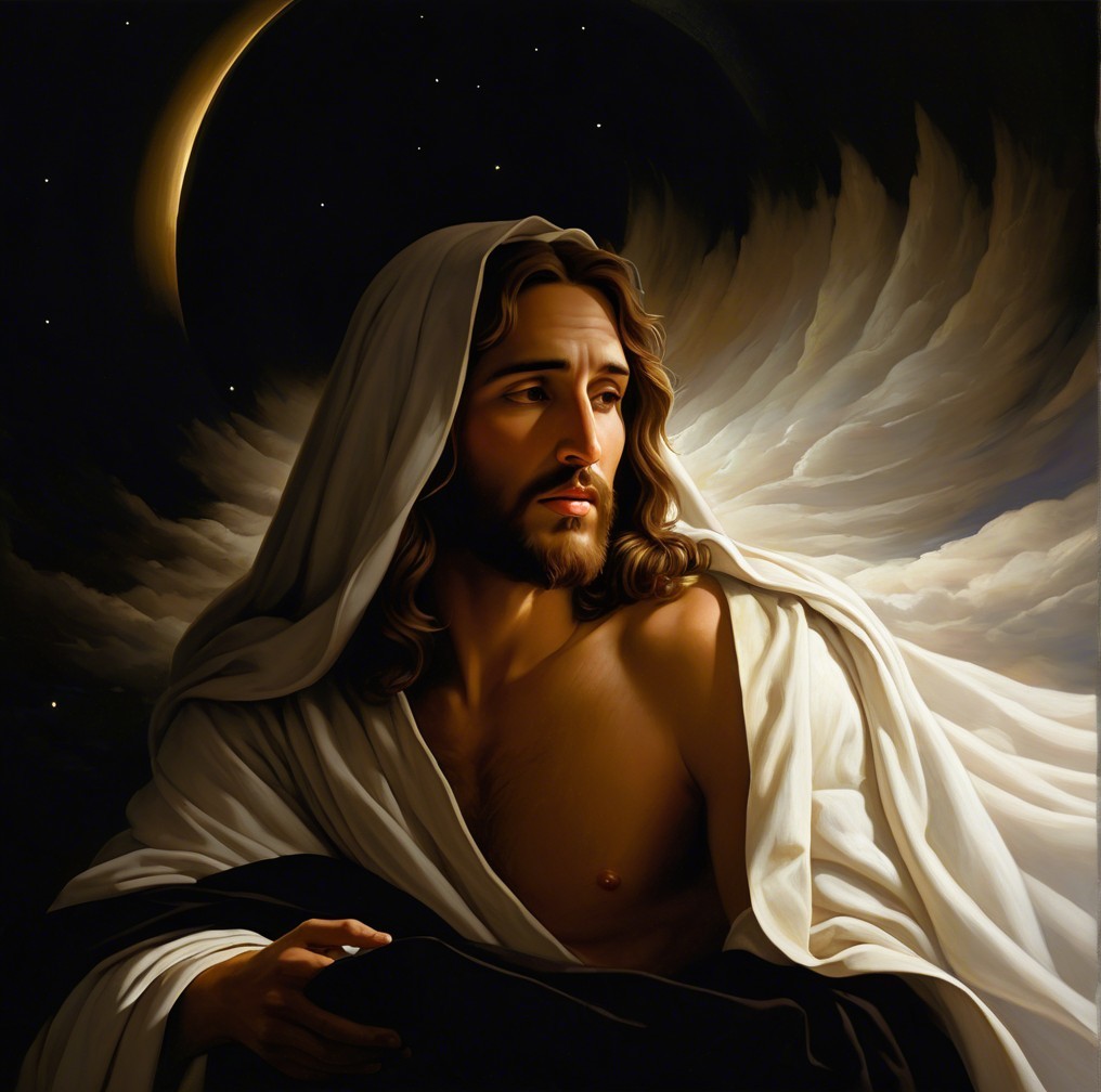 Serene figure with flowing hair and crescent moon backdrop