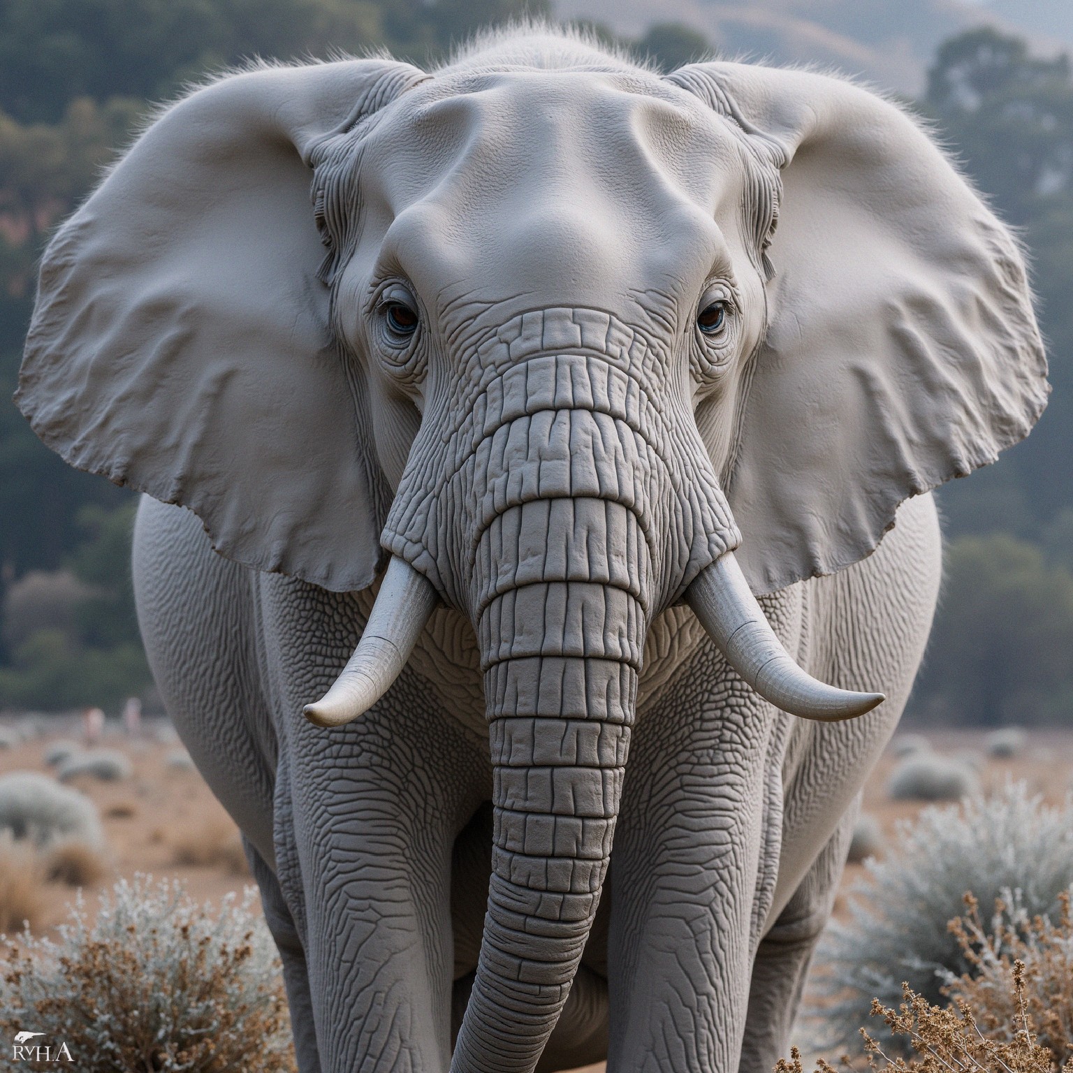 Majestic elephant in serene landscape with textured skin