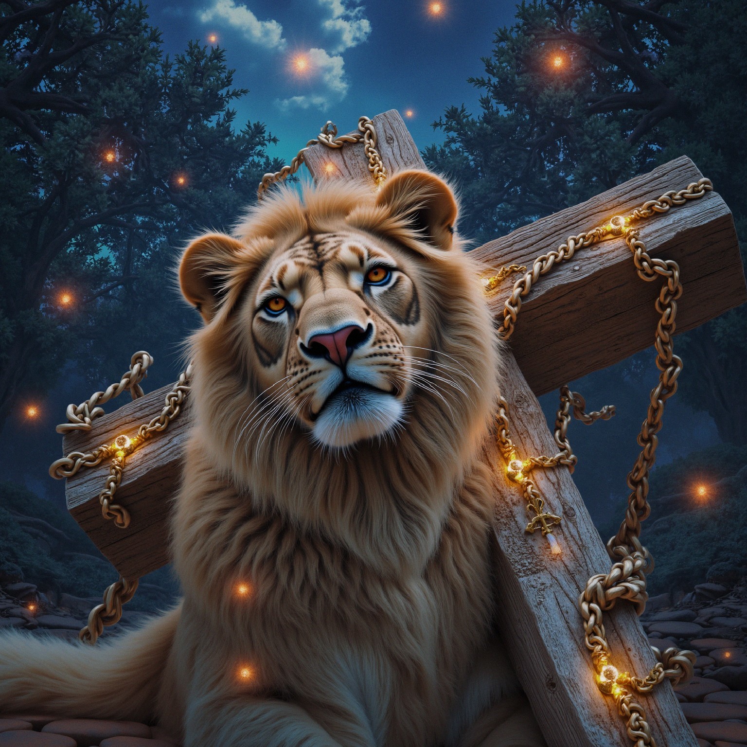 Lion Resting by Glowing Cross in Enchanted Forest