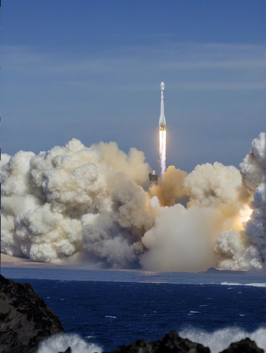 Rocket Launch Over Coastline with Waves and Smoke