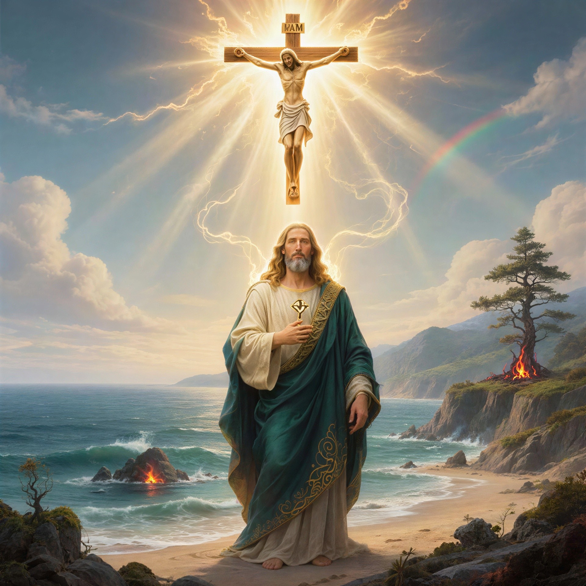 Religious Painting of Jesus on Beach with Golden Cross