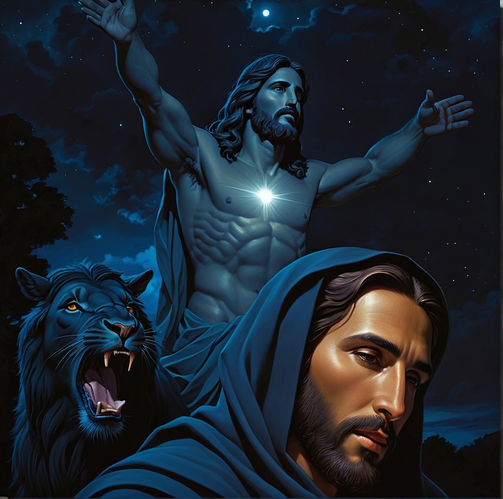 Nighttime Scene with Jesus, Lion, and Starry Sky