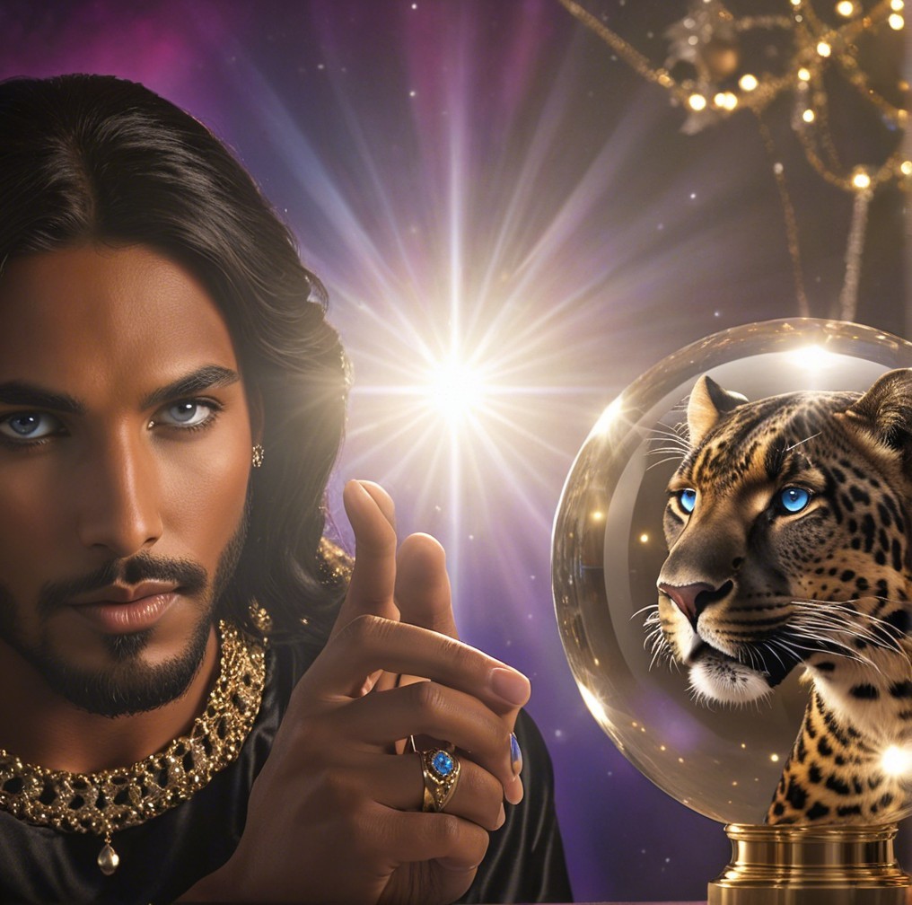 Figure with Dark Hair and Blue Eyes Gazes at Crystal Ball