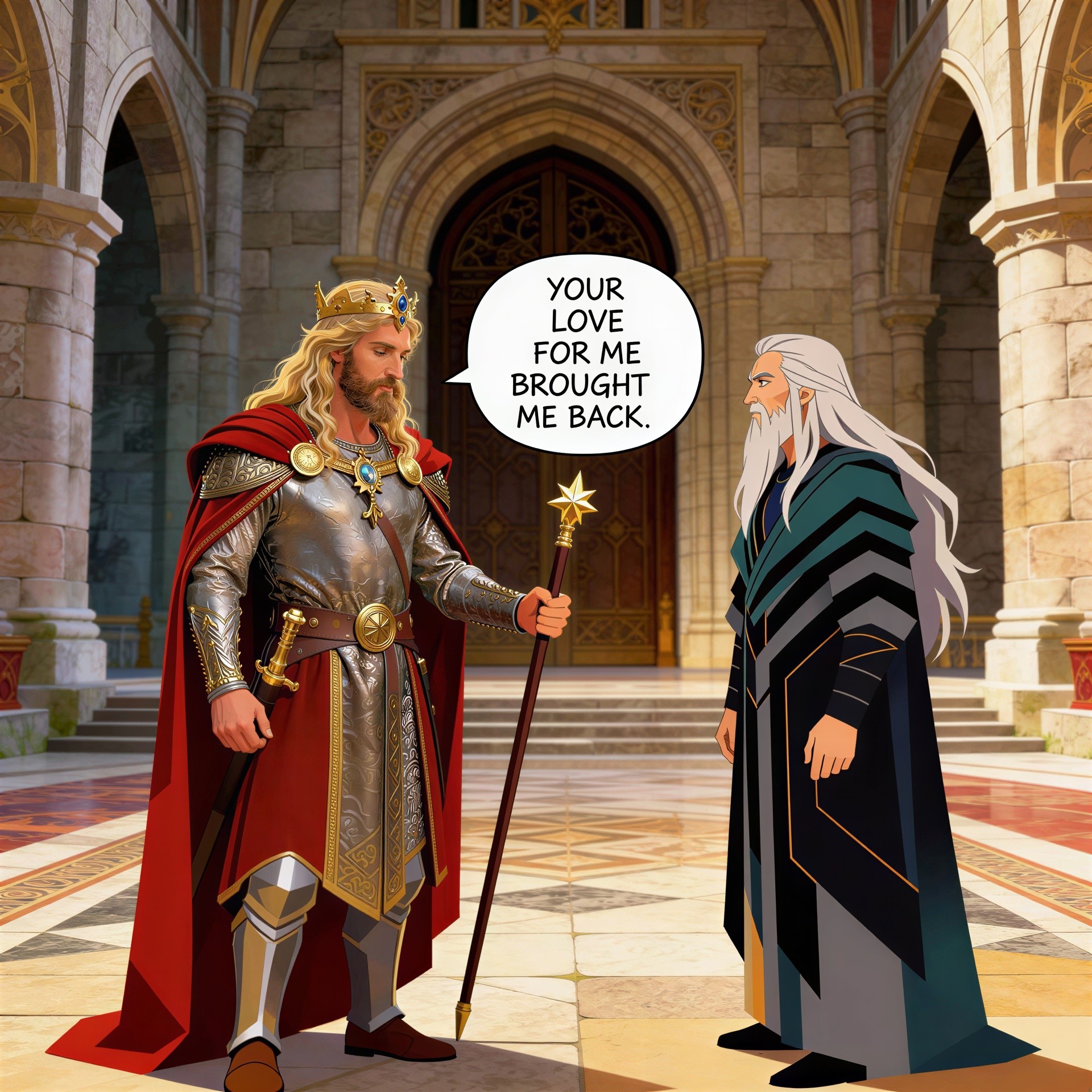 King in Silver Armor Speaks to Grey-Bearded Man