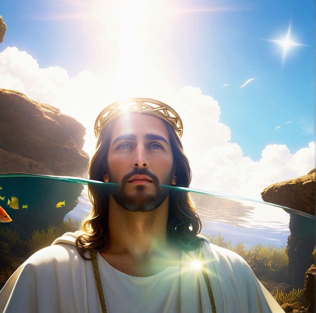 Serene Figure with Halo Effect and Tranquil Landscape