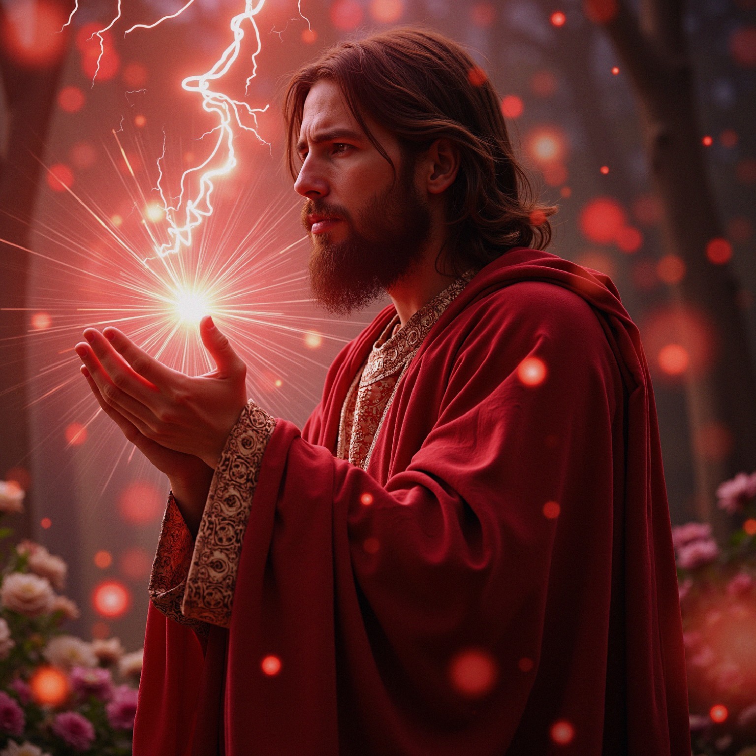 Mystical figure in red robe in enchanted forest setting
