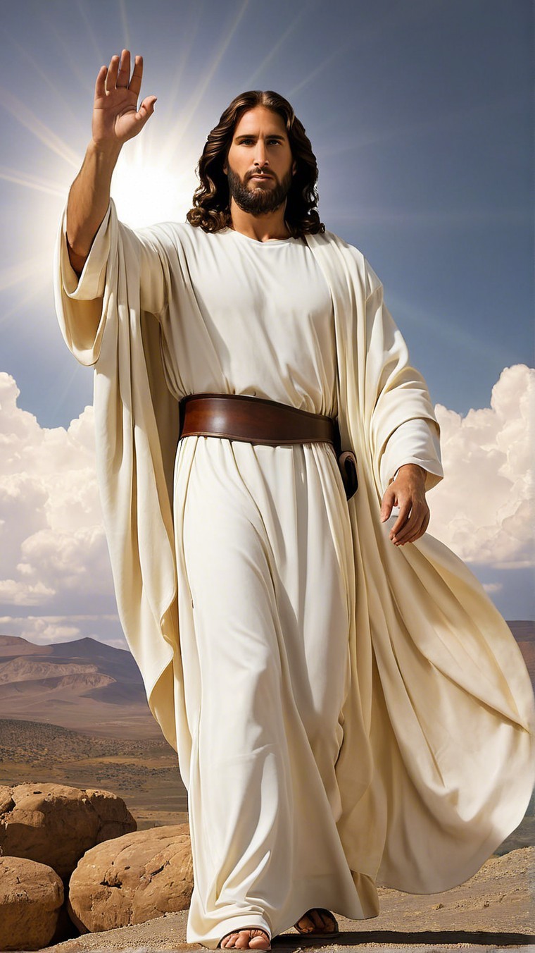 Religious Icon in White Robes Against Dramatic Landscape