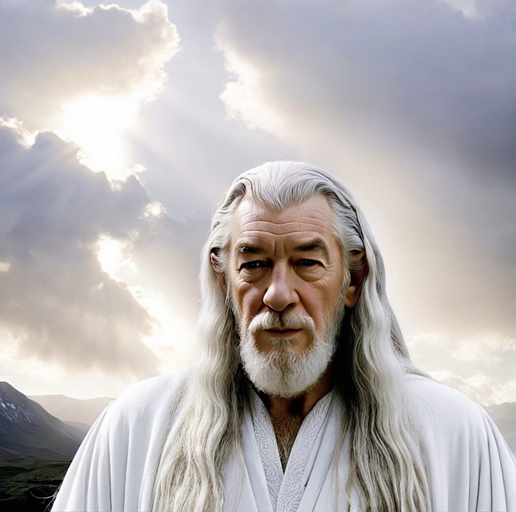 Elderly Man in White Robe Against Dramatic Clouds